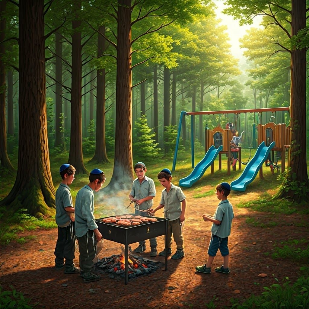 Boys Grilling Meat in Forest: Hyper-realistic Summer Scene