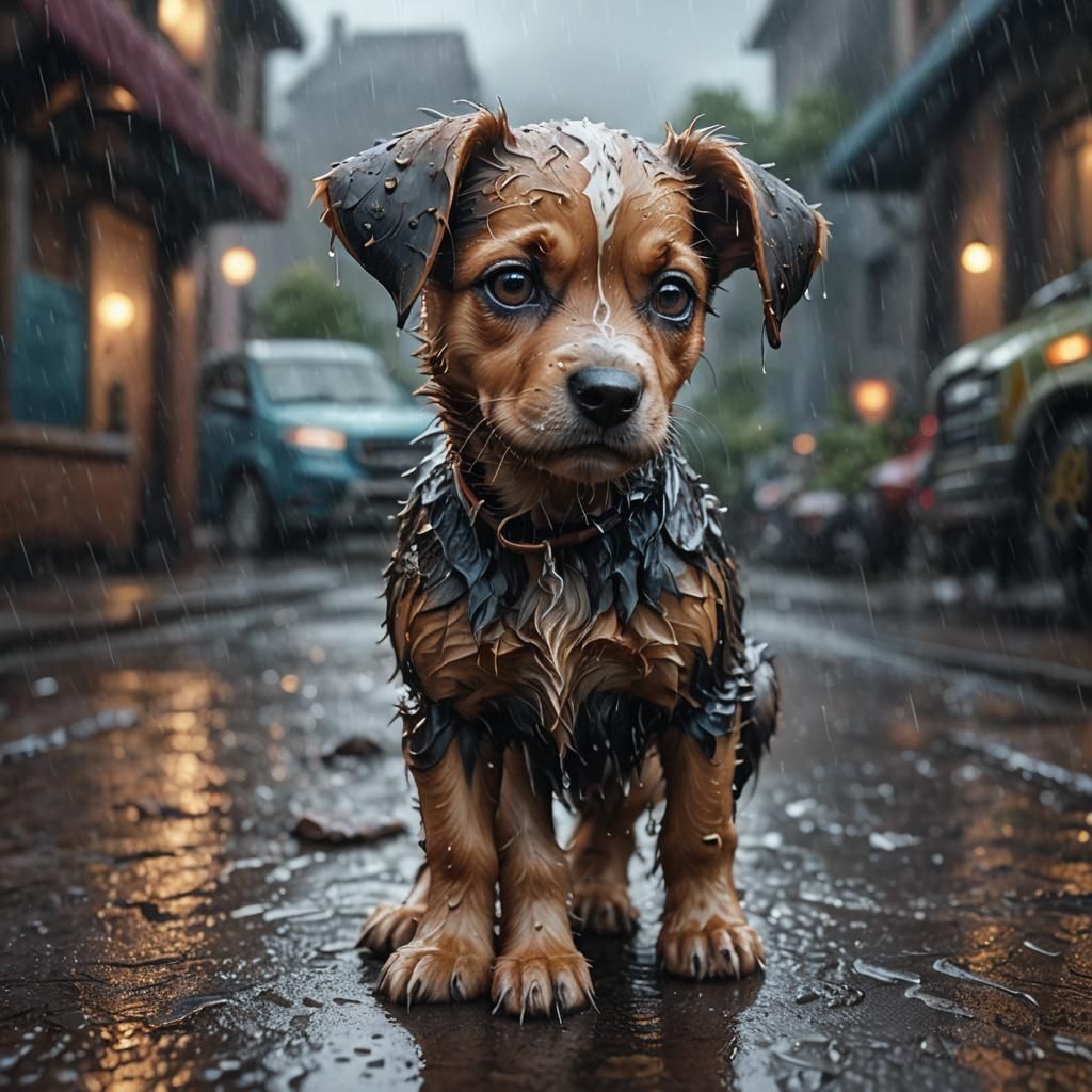 Cute sad puppy in rain