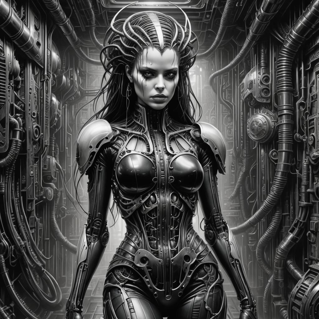 Gothic Cyberpunk Woman in Hyperrealistic Black and White