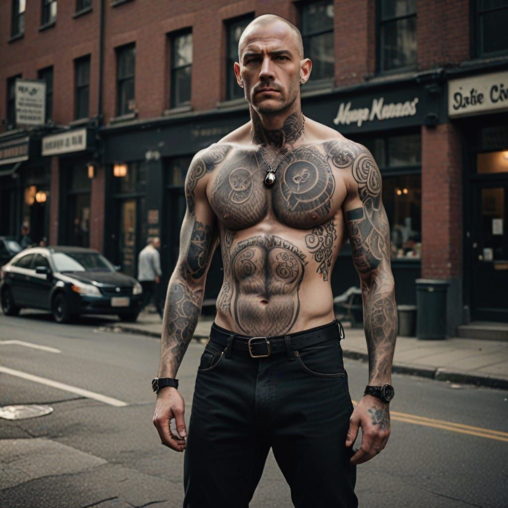 Ruggedly Handsome Skinhead, Exuding Confidence and Sensualit...