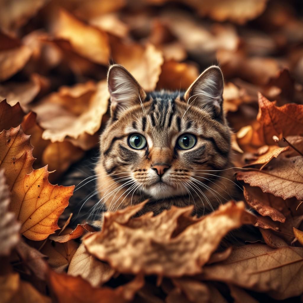 Hyperrealistic Autumn Cat in Leaves