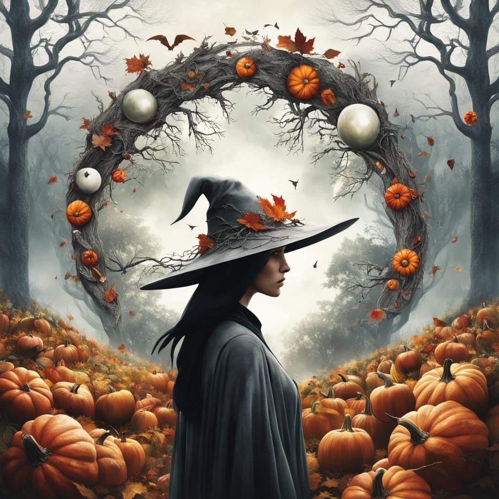 Surreal Double Exposure of Witches and Seasons