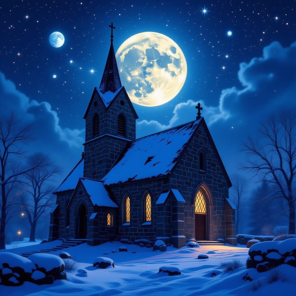 Ancient Church Under Full Moon and Stars