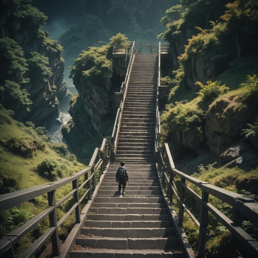 Dramatic Stairway Descent: Cinematic Anime Still