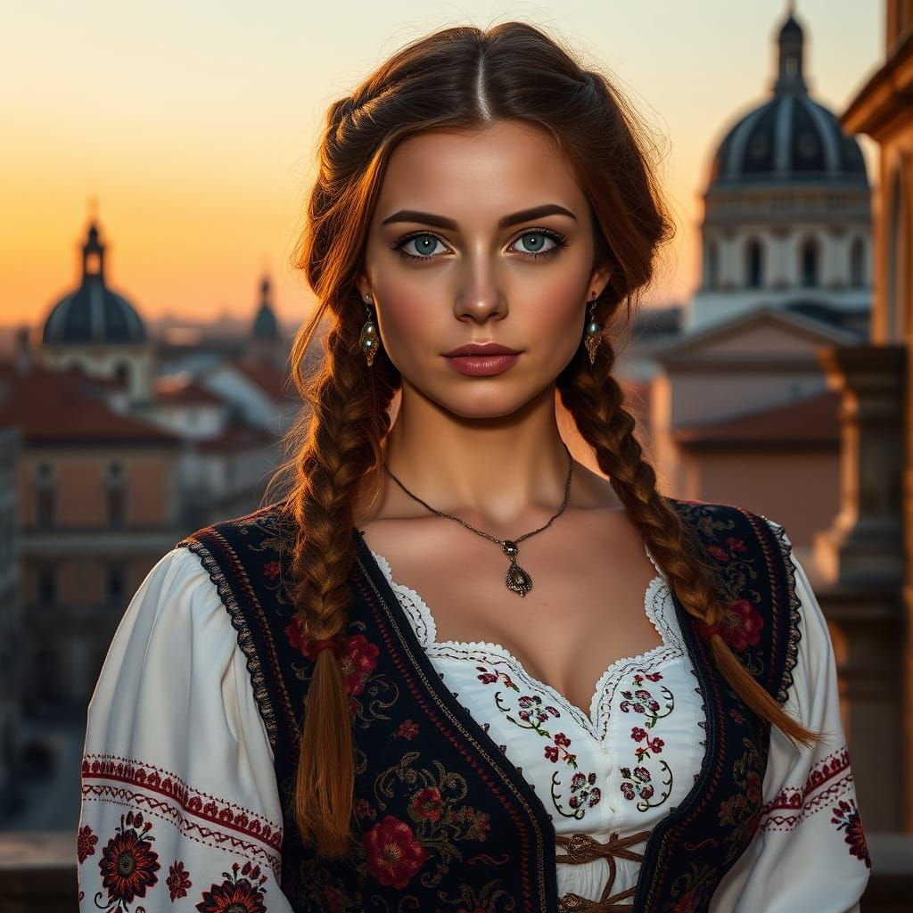 European Woman in Folk Attire, Art Nouveau Style