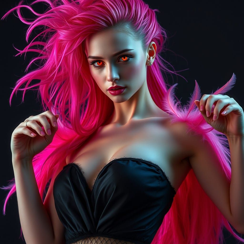 Ethereal Beauty with Neon Hair and Feathers in Seductive Bla...