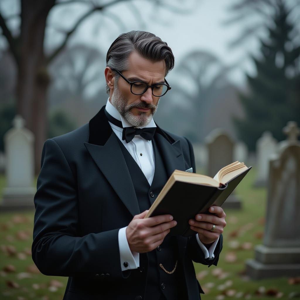 Gothic Gentleman Reading in Cemetery - Cinematic Film Still