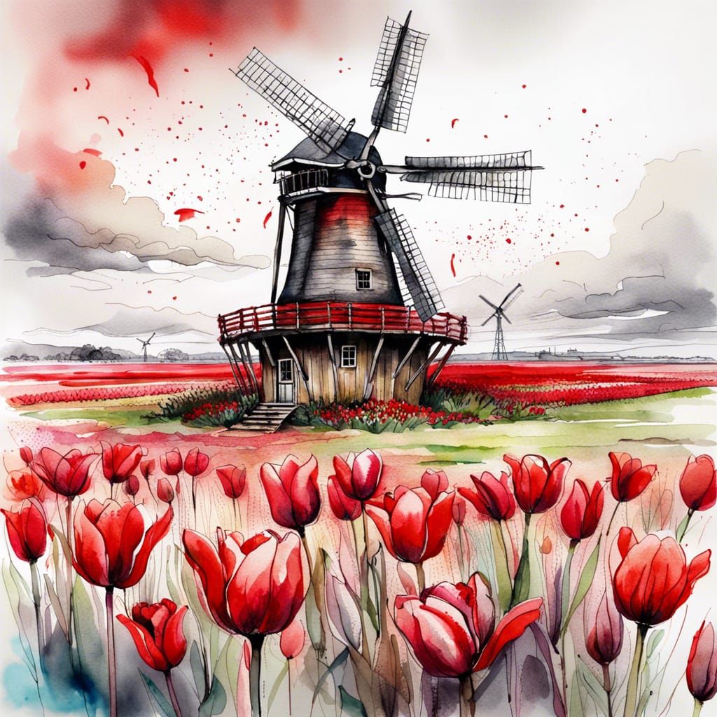 Windmill Amidst Tulips: A Watercolor Illustration