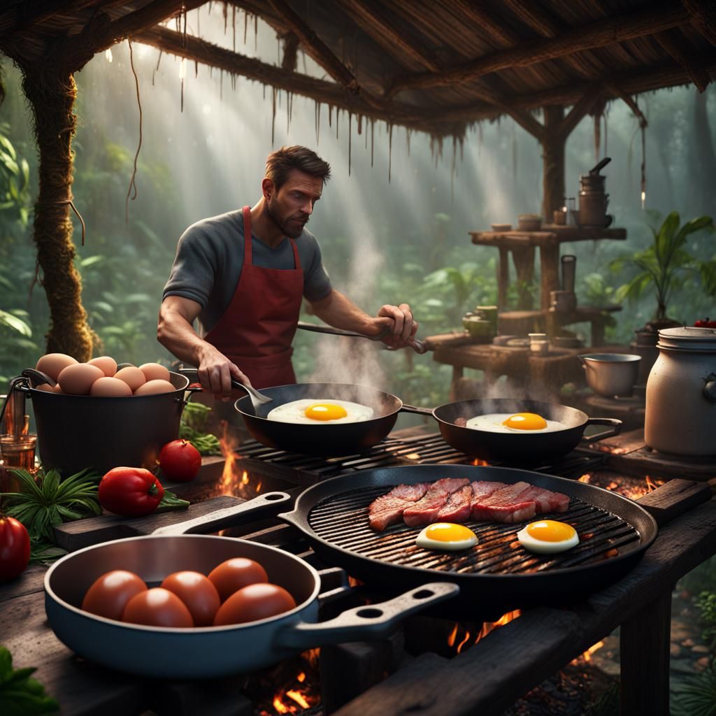 Jungle Brunch: Man Cooking Feast in Rainy Hut