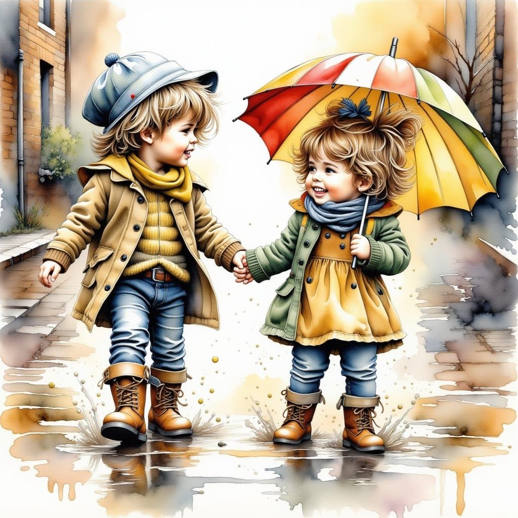 Boys Splashing in Puddles, Watercolor Illustration