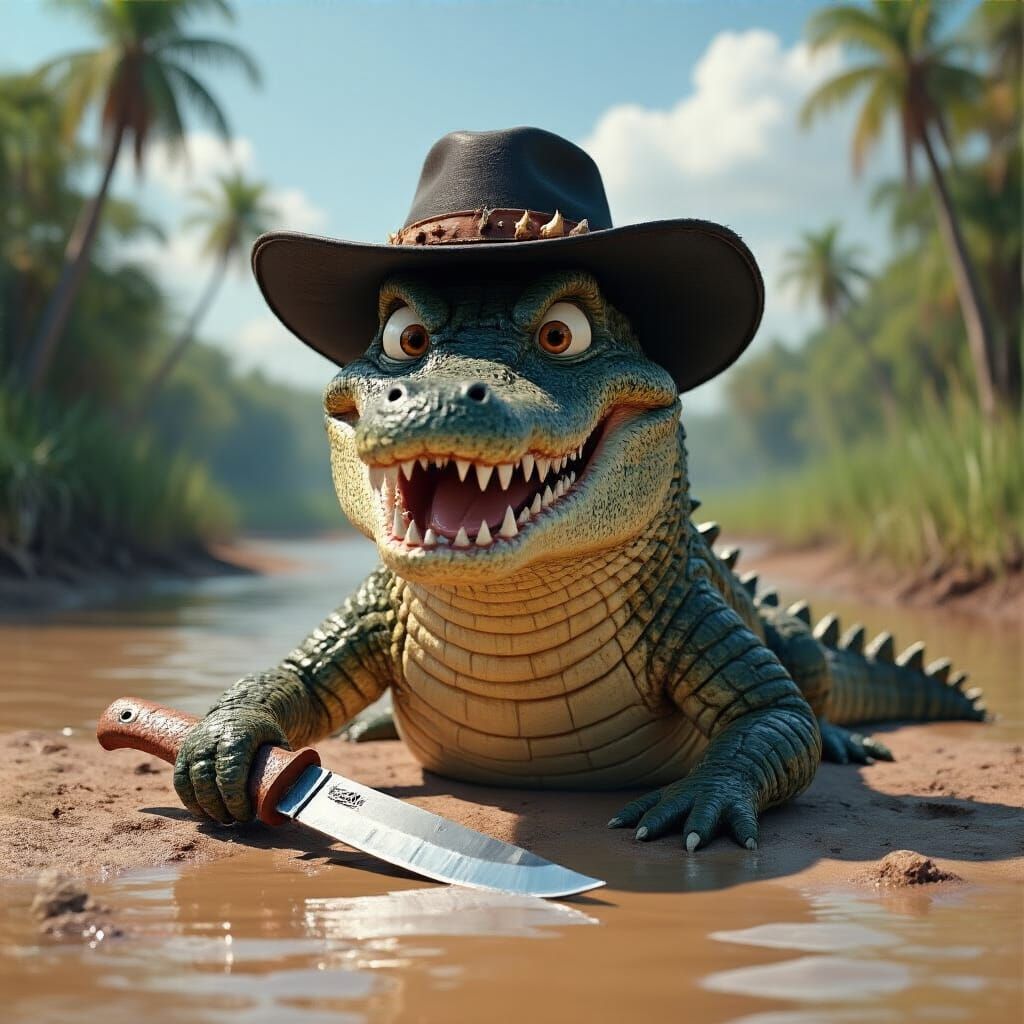 Anthropomorphic Crocodile as Crocodile Dundee Parody