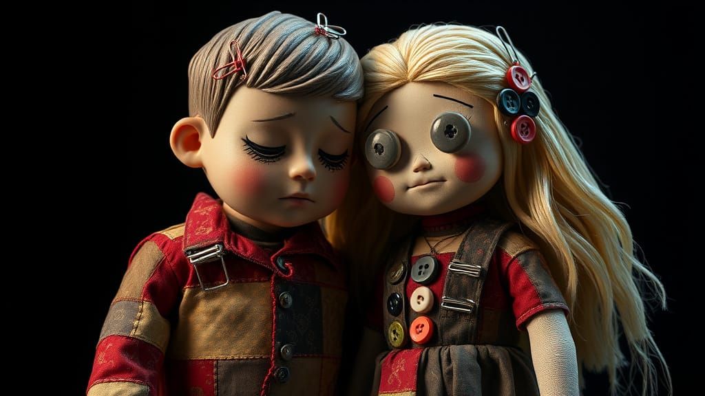 Sad Patchwork Figure Comforted by Doll