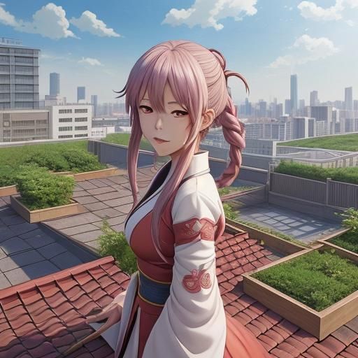 Yeule in Rooftop Garden: Anime Style Illustration