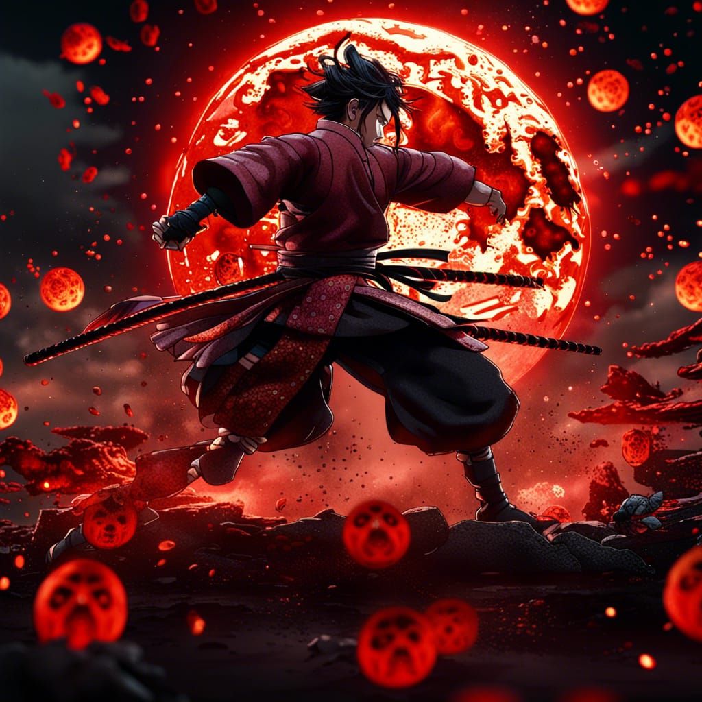 Warrior Fighting Under a Blood Moon, Digital Art