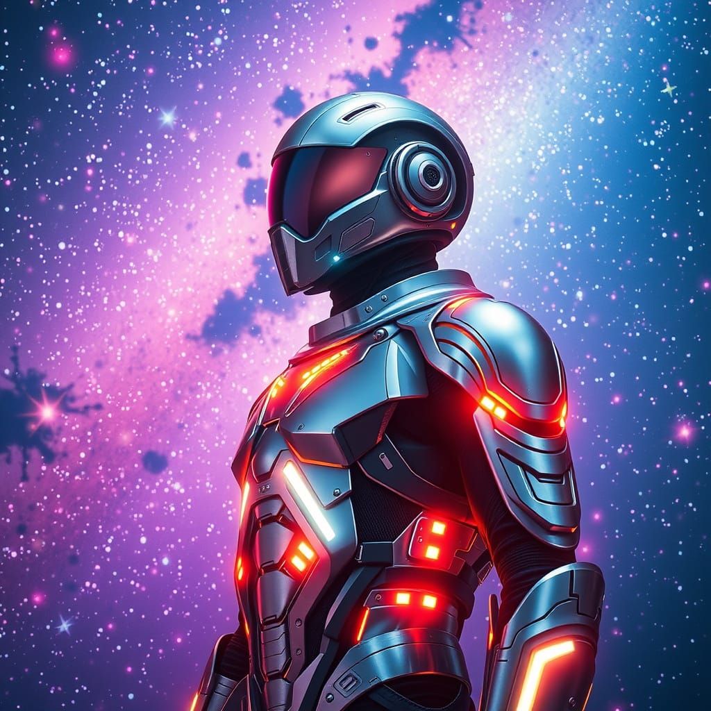 Cybernetic Figure Amidst Vibrant Galaxies in Cyberpunk Style