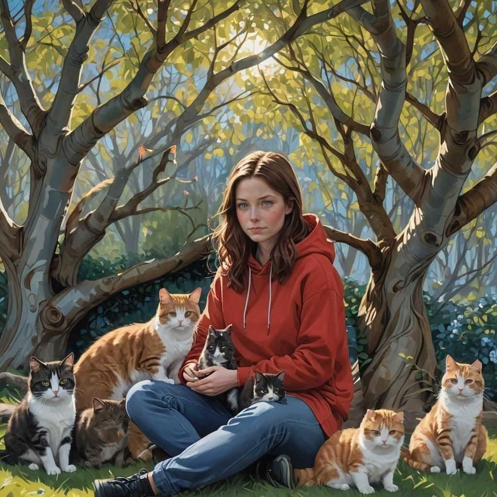 Girl with Cats Under Willow Tree