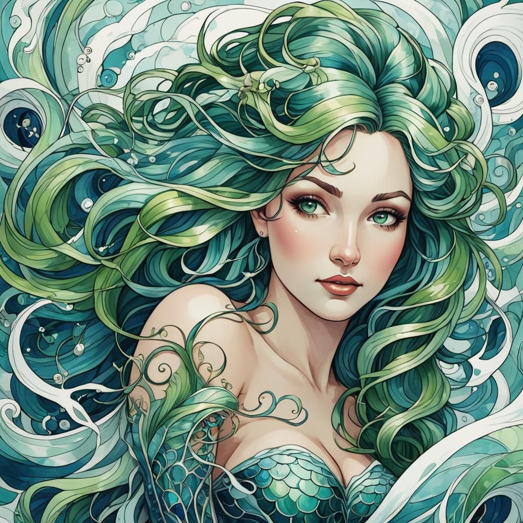 Mesmerizing Mermaid in Stormy Seas: Fractal Line Art
