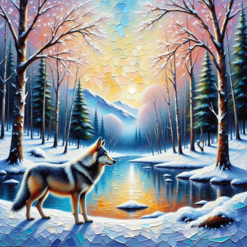 Impressive Winter Wolf Oil Painting Amidst Cracked Trees