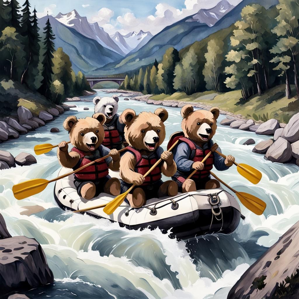 Teddy Bears Rafting in the Alps in Gothic Style