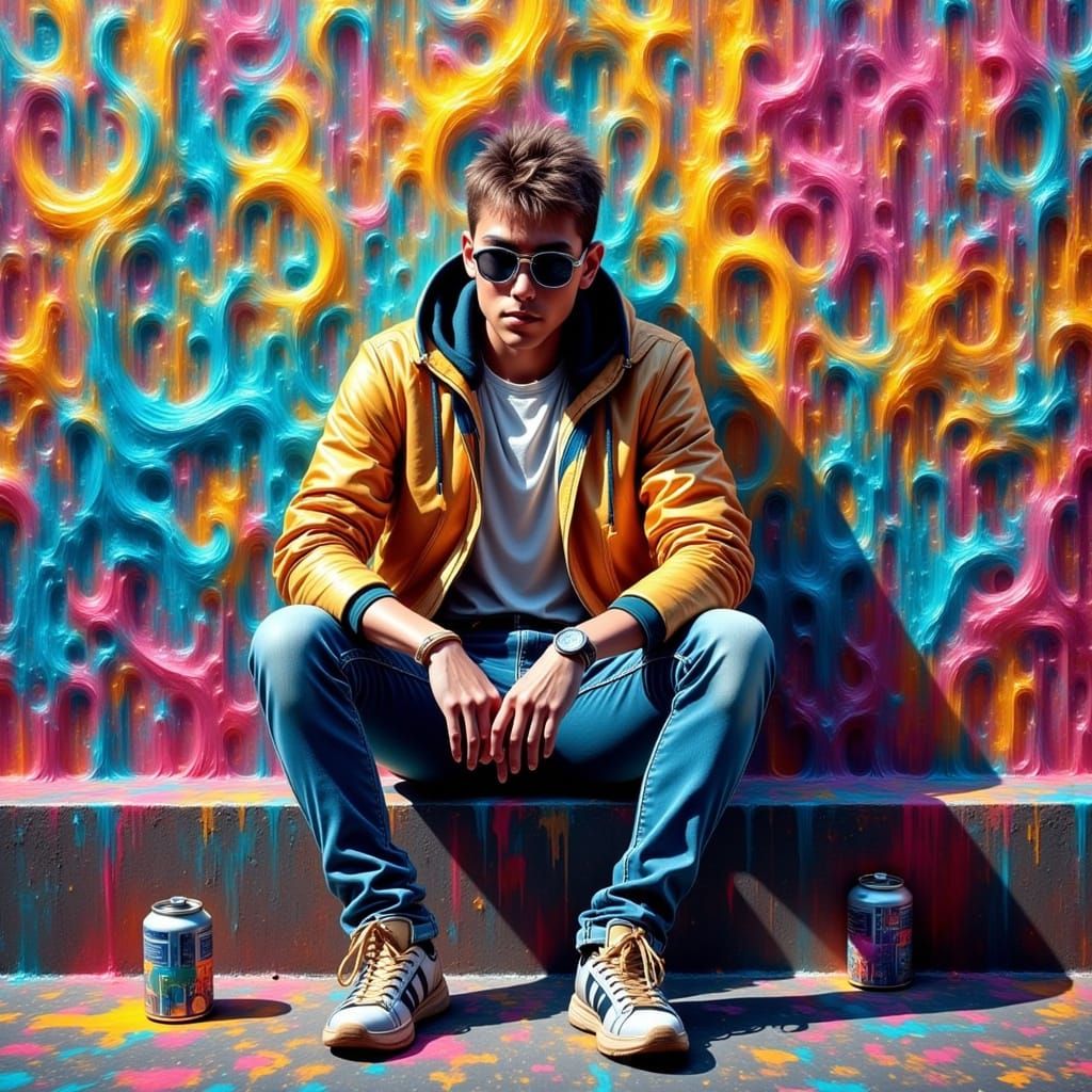 Person Amidst Vibrant Polychromatic Street Art