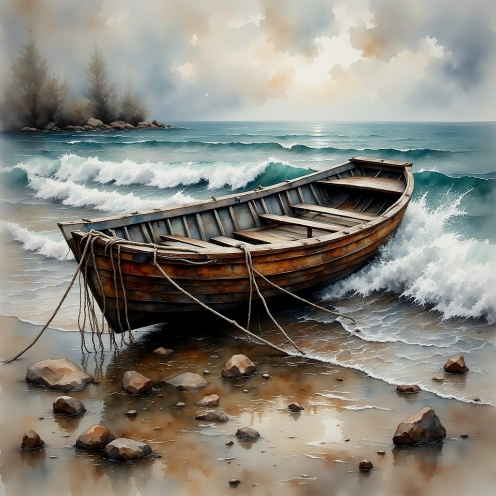 Abandoned Rowboat on the Beach in Watercolor Style
