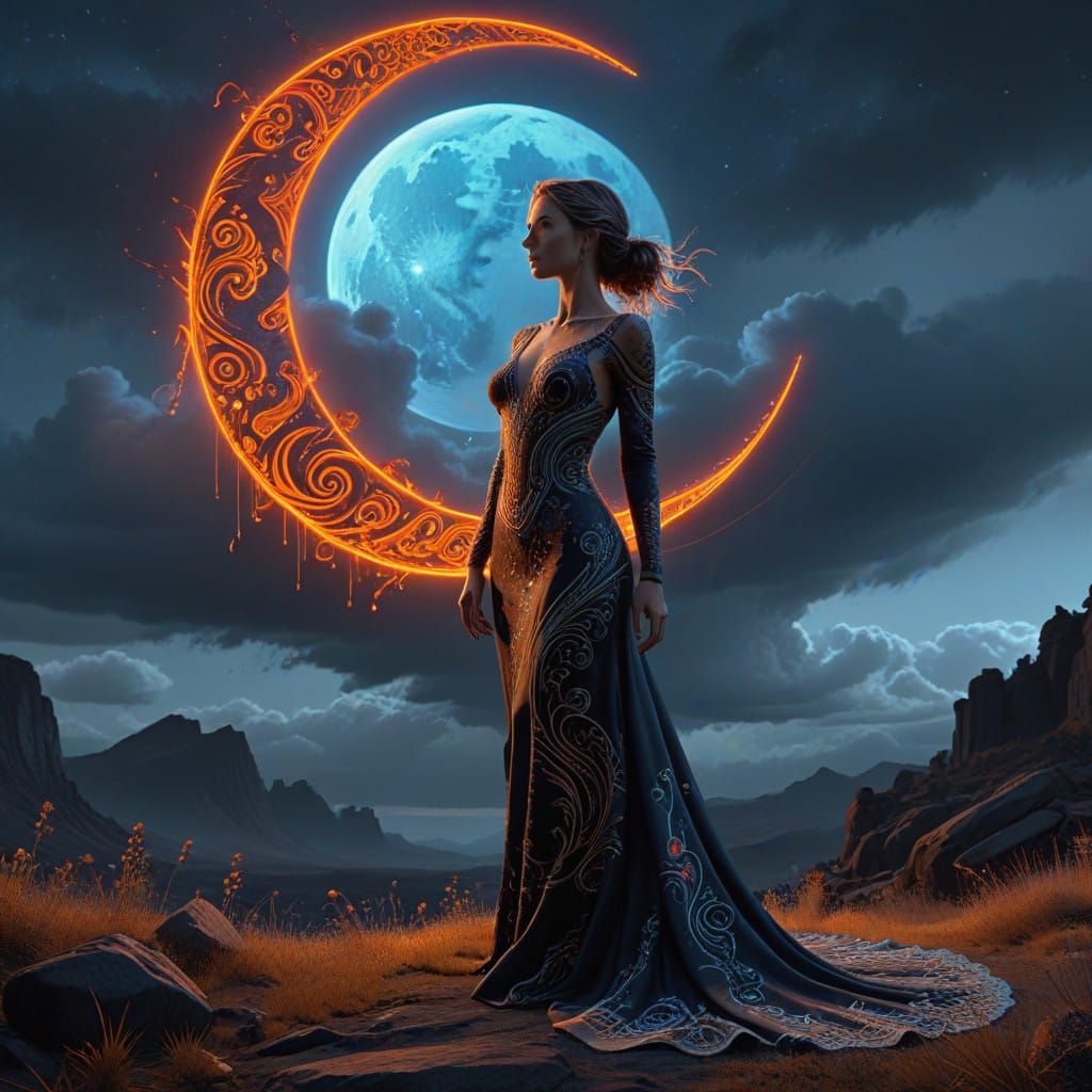 Glamorous Victorian Lady Under Crescent Moonlit Sky in Bold,...