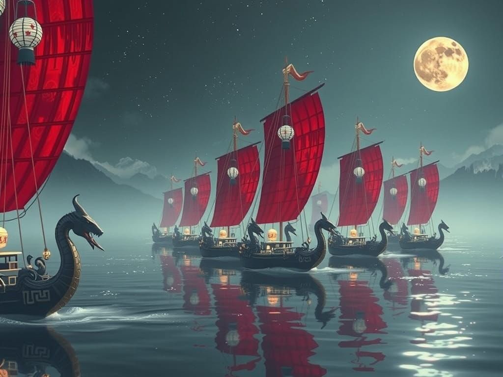 Majestic Chinese Snake Ships Enter Serene Bay Under Full Moo...