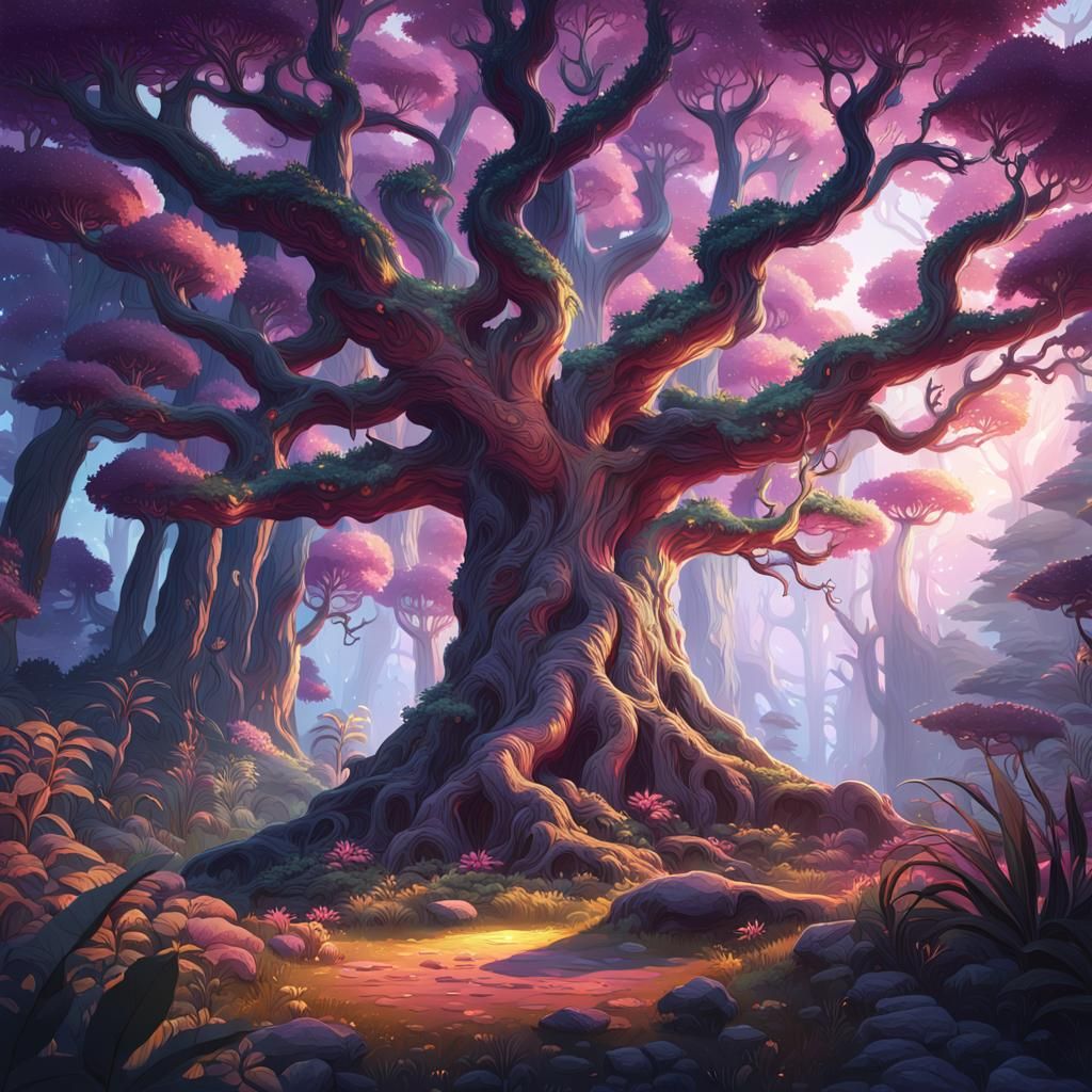 Mystical Forest at Sunset with Colossal Tree