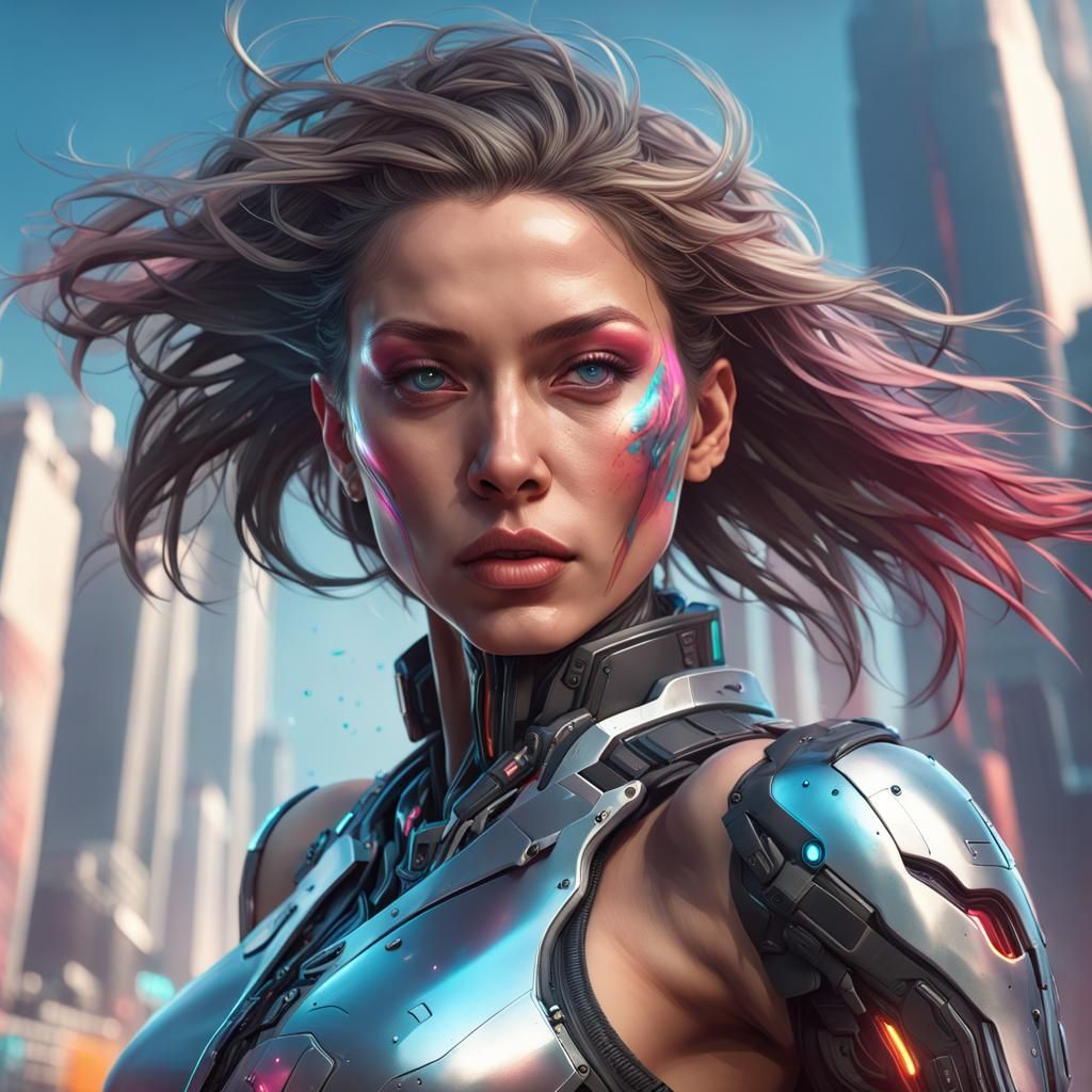 Cyberpunk Cyborg Leaps in Hyperrealistic Action Scene