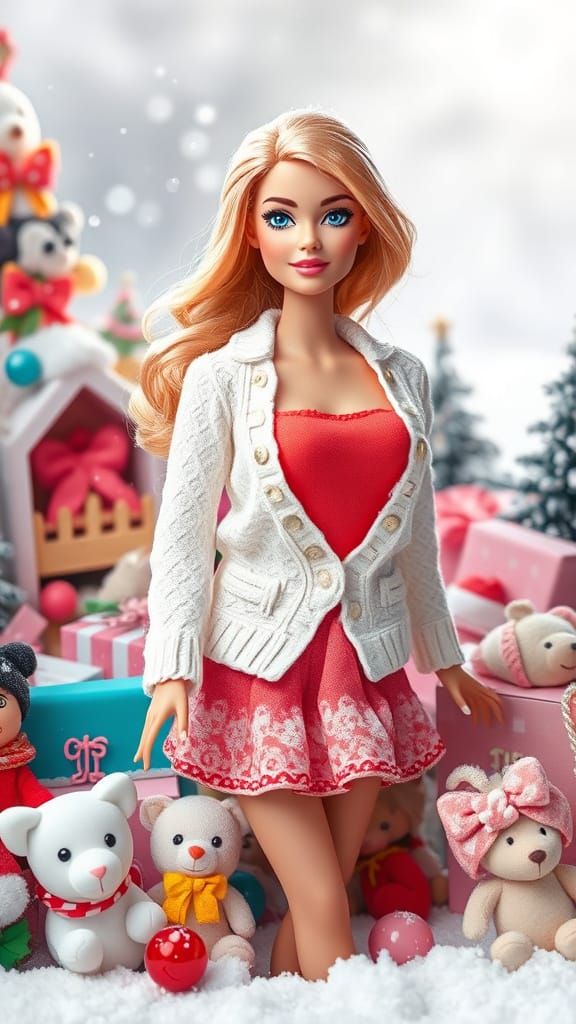 Serene Winter Wonderland Scene with Barbie in a Cozy Outfit