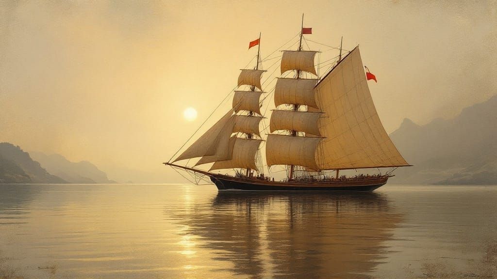 Sailing Ship at Dawn: Tonalism Meets Art Nouveau