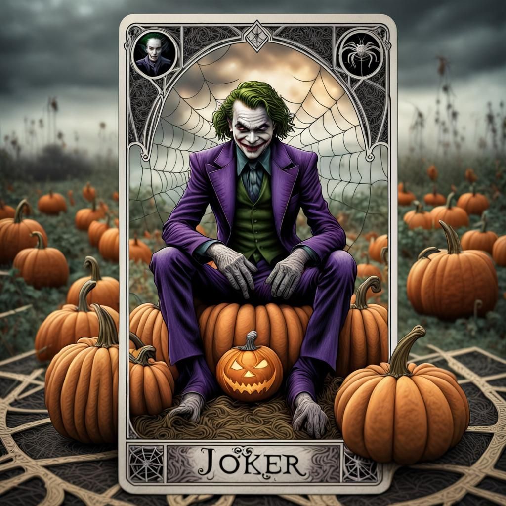 Eerie Joker Tarot Card with Pumpkins and Spiders