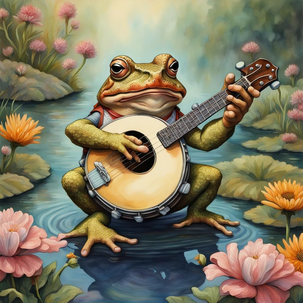 Toad Playing Banjo in Detailed Watercolor Setting
