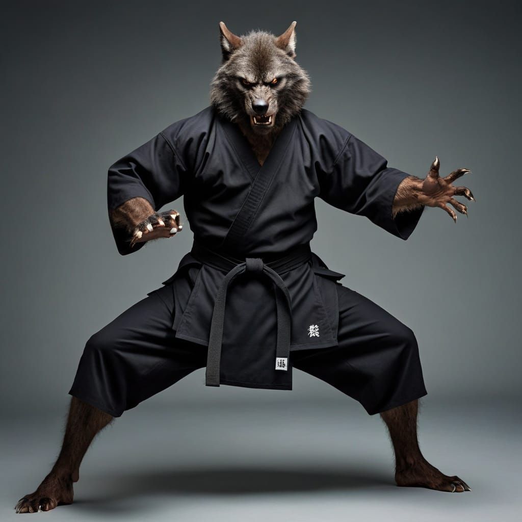 Werewolf Practicing Kata in Karate Gi