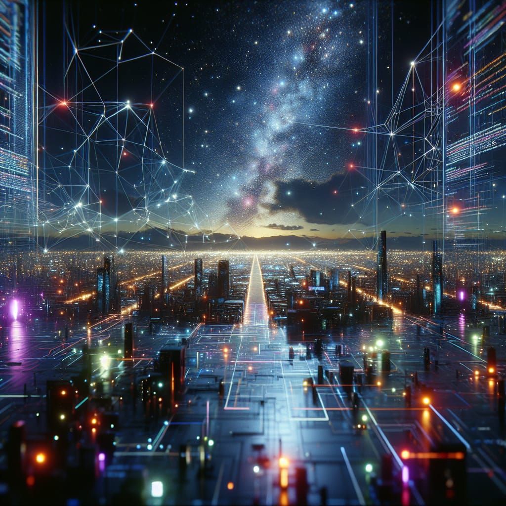 Futuristic Cityscape with Coding Interface in Cyberpunk Styl...