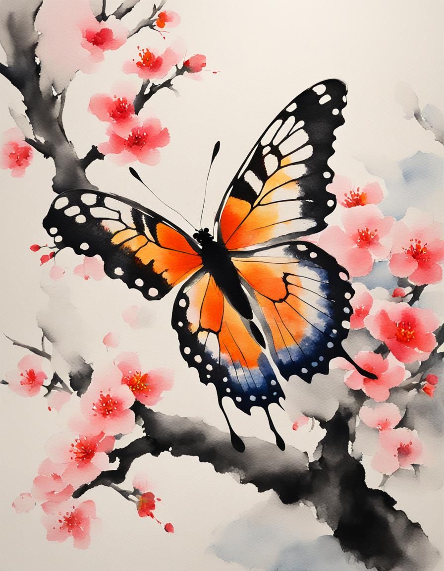 Minimalist Butterfly on Sakura Tree in Gouache Style