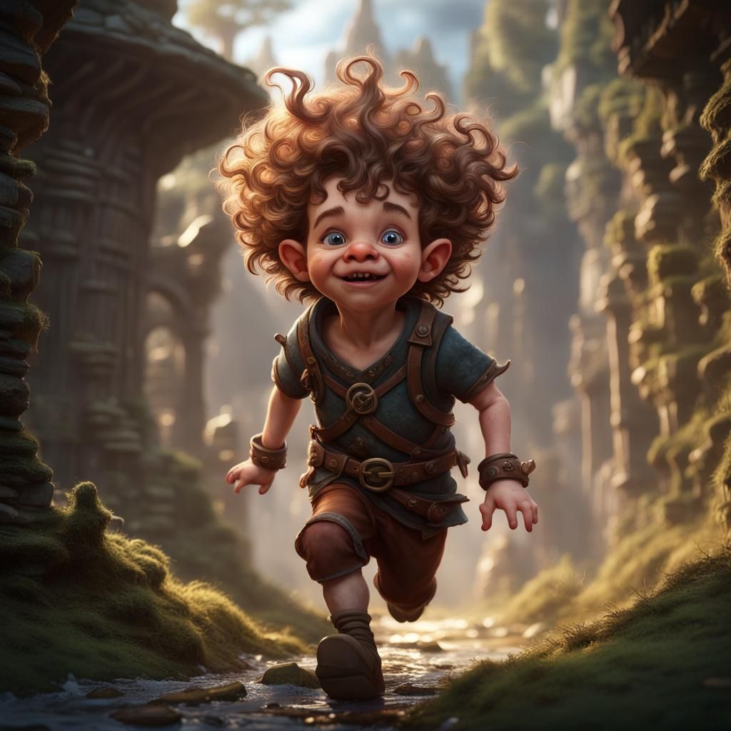 Enchanted Dwarf Boy Running: Detailed Matte Painting