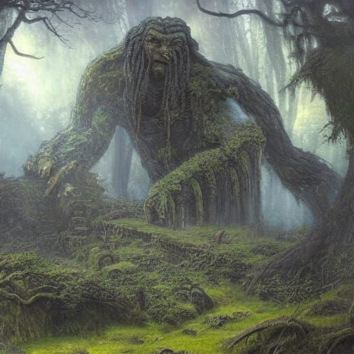 Ancient Stone Golem Guarding Forest Temple in Fantasy Art