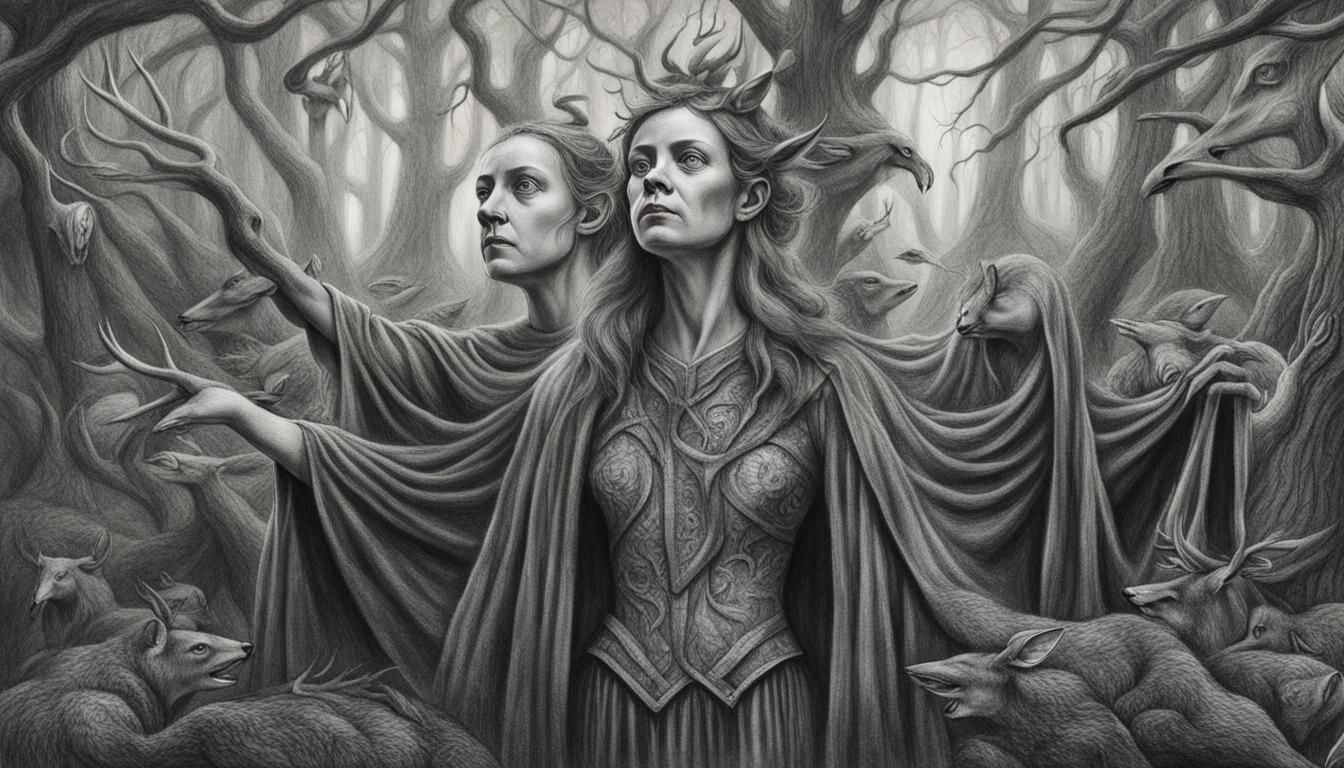 Mystical Forest Witches with Deer: Charcoal Drawing