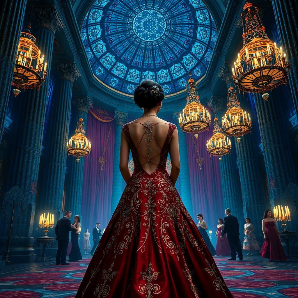 Regal Woman at Mystical Ballroom Entrance