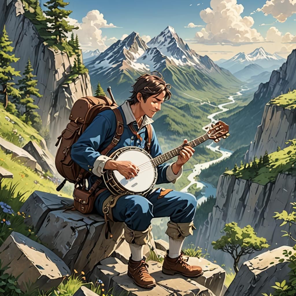 Mountain Climber Plays Banjo: Anime-Inspired Art