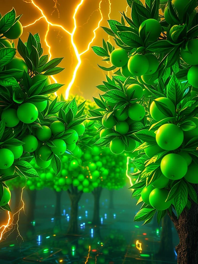 Emerald Fruit Trees with Bioluminescent Light