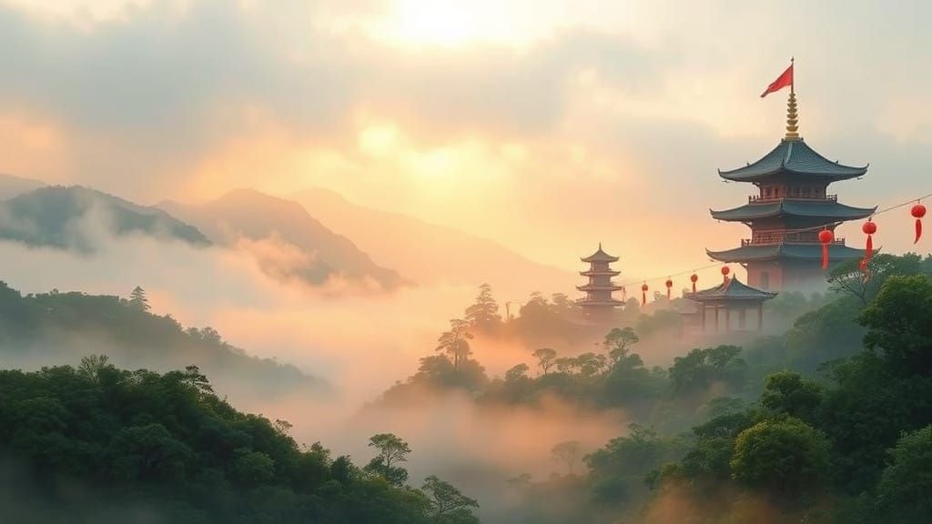 Serene Asian Landscape with Pagodas and Lanterns in Golden L...