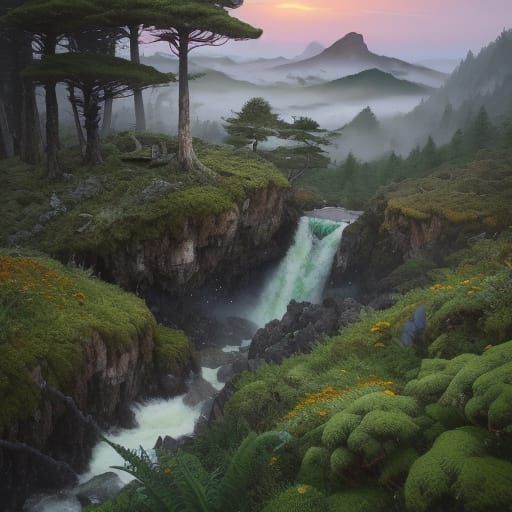 Mountain Shaped Like Cat Head with Waterfall