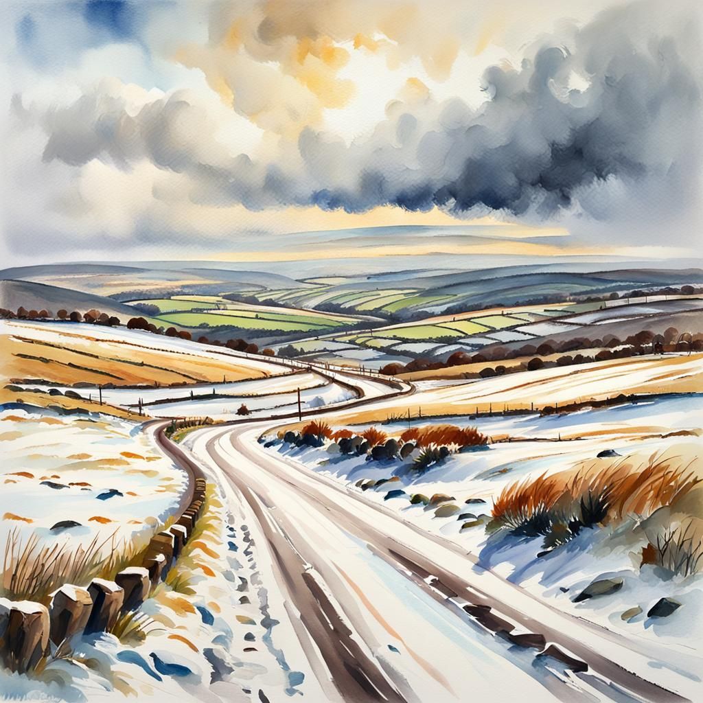 Snowy Moors of Yorkshire in Gouache Style