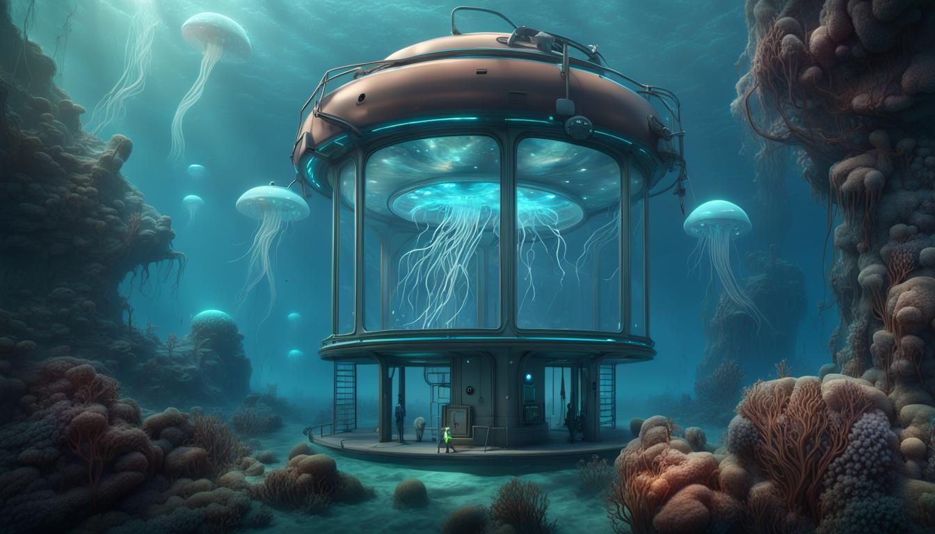 Underwater Research Station in Bioluminescent Deep Sea