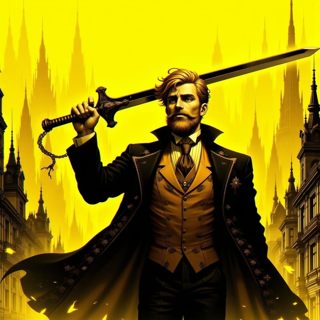 Sad Swordsman in Yellow Cityscape