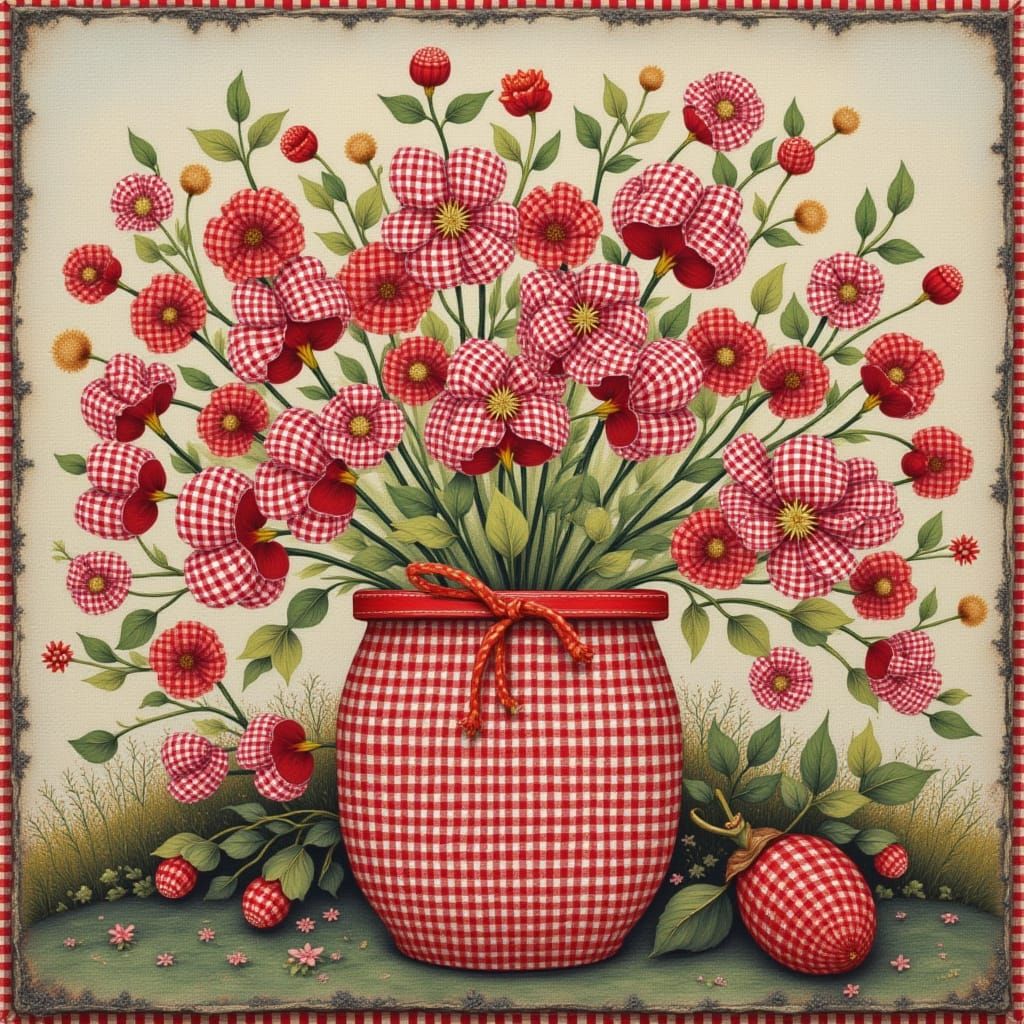 Folk Art Collage Bouquet in Gingham Style
