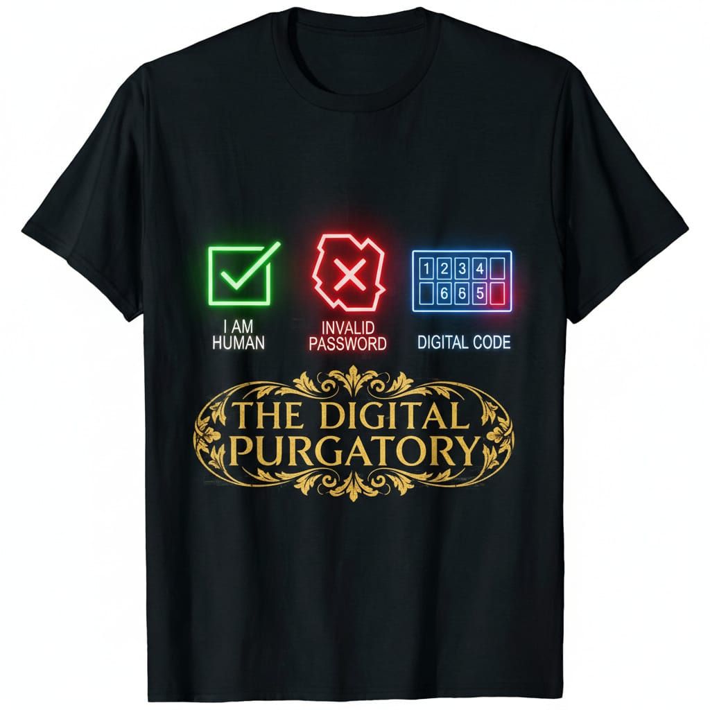 Digital Purgatory T-Shirt Graphic: Cat Icons & Neon Accents