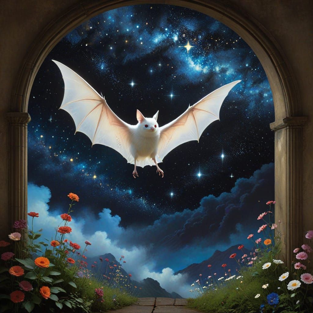 White bat flying in the night air
